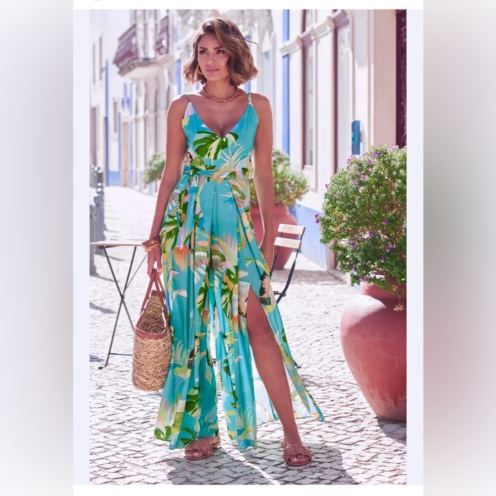 Boston Proper Tropical Forest Slit Jumpsuit in Multicolor